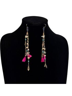 EXPRESS Boho Pink & Turquoise Tassel Beaded 4.5 Inch Long Earrings | NWT
